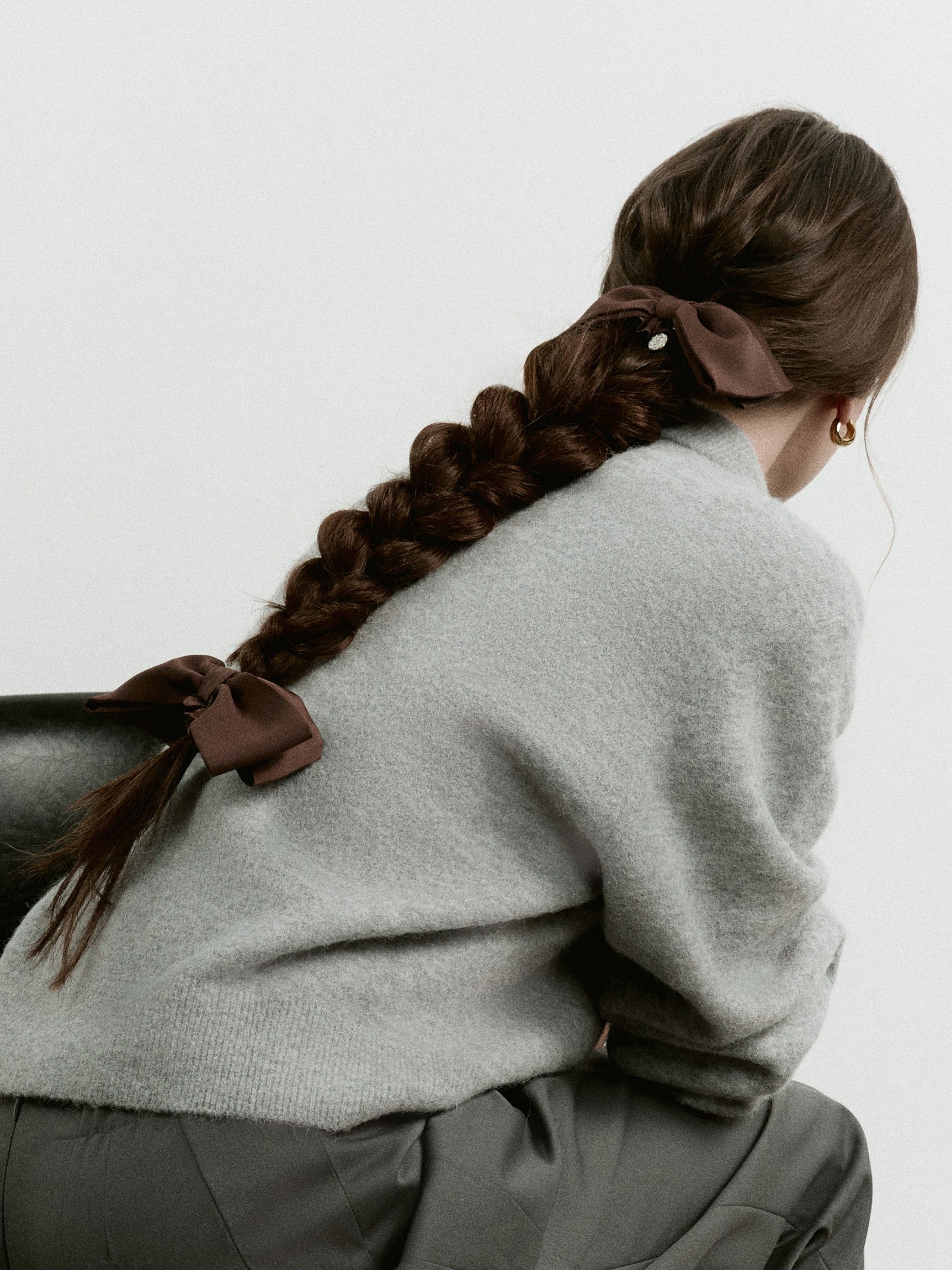 Hair bow scrunchie in Espresso Brown - on-model, back view - CONTOUROSE