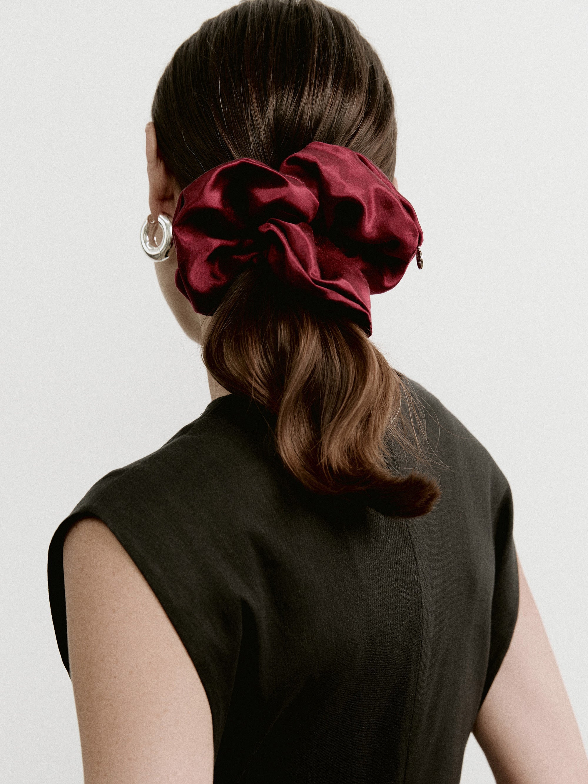 Oversized hemp scrunchie in Cherry Red - on-model, back view, zoom - CONTOUROSE