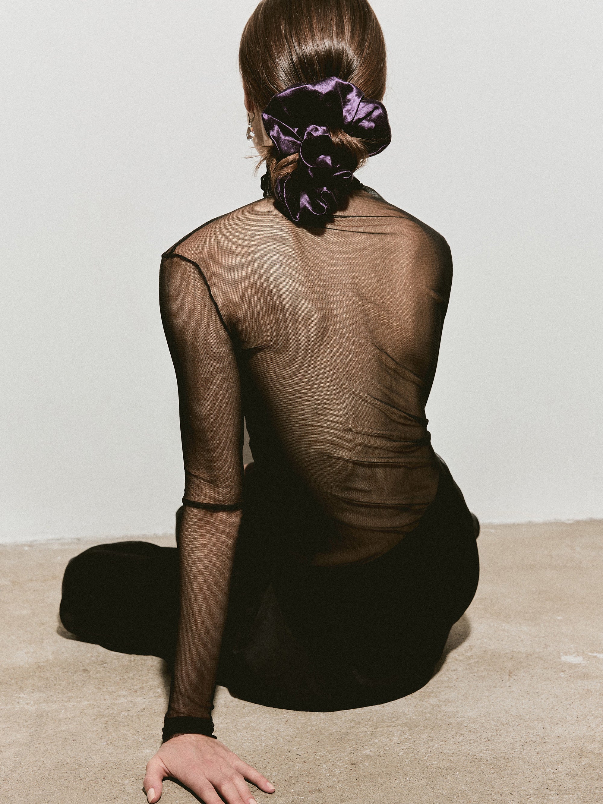 Oversized hemp scrunchie in Plum - on-model, back view, flash- CONTOUROSE