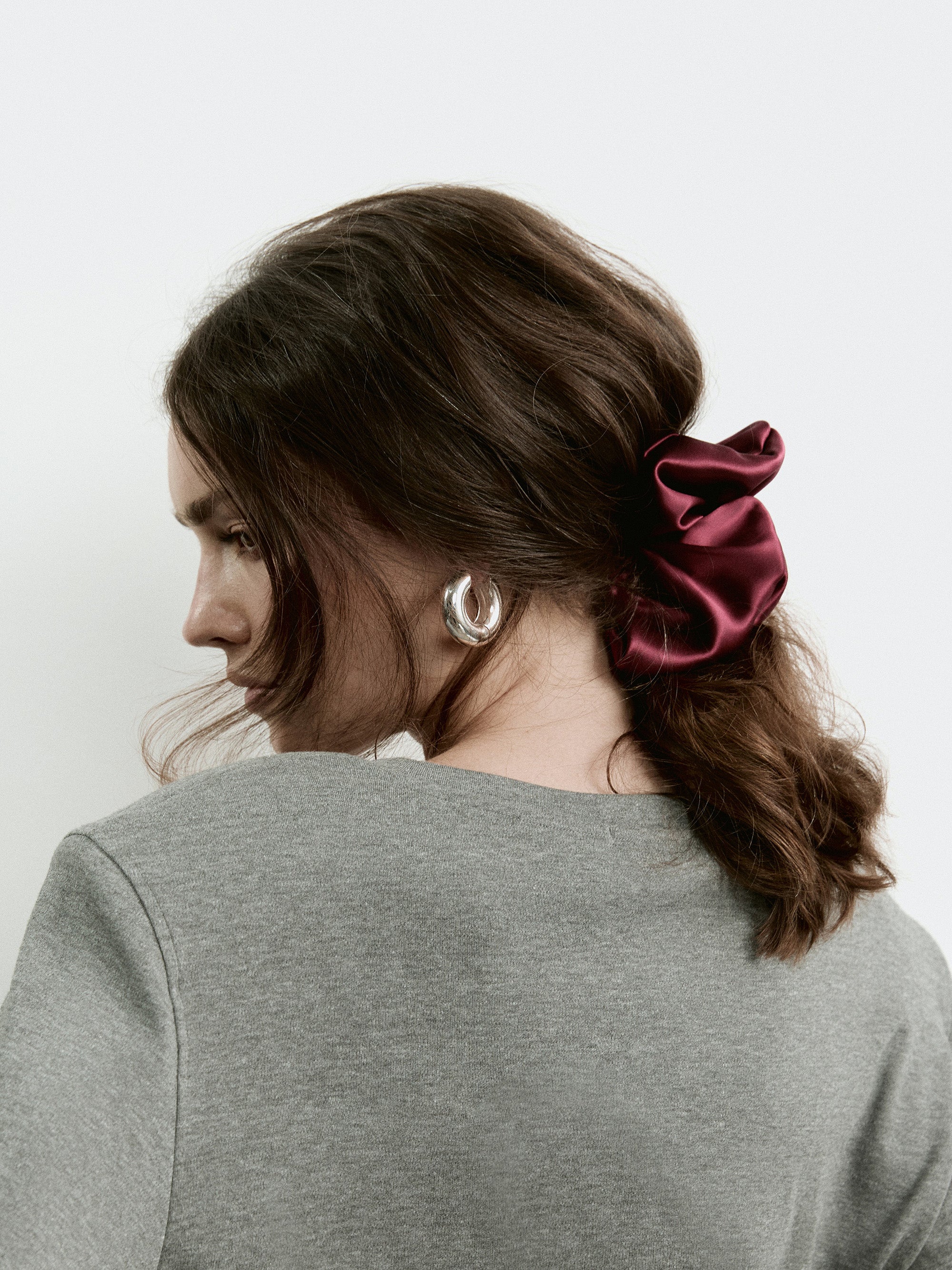 Oversized silk scrunchie in Bordeaux - on-model, profile - CONTOUROSE