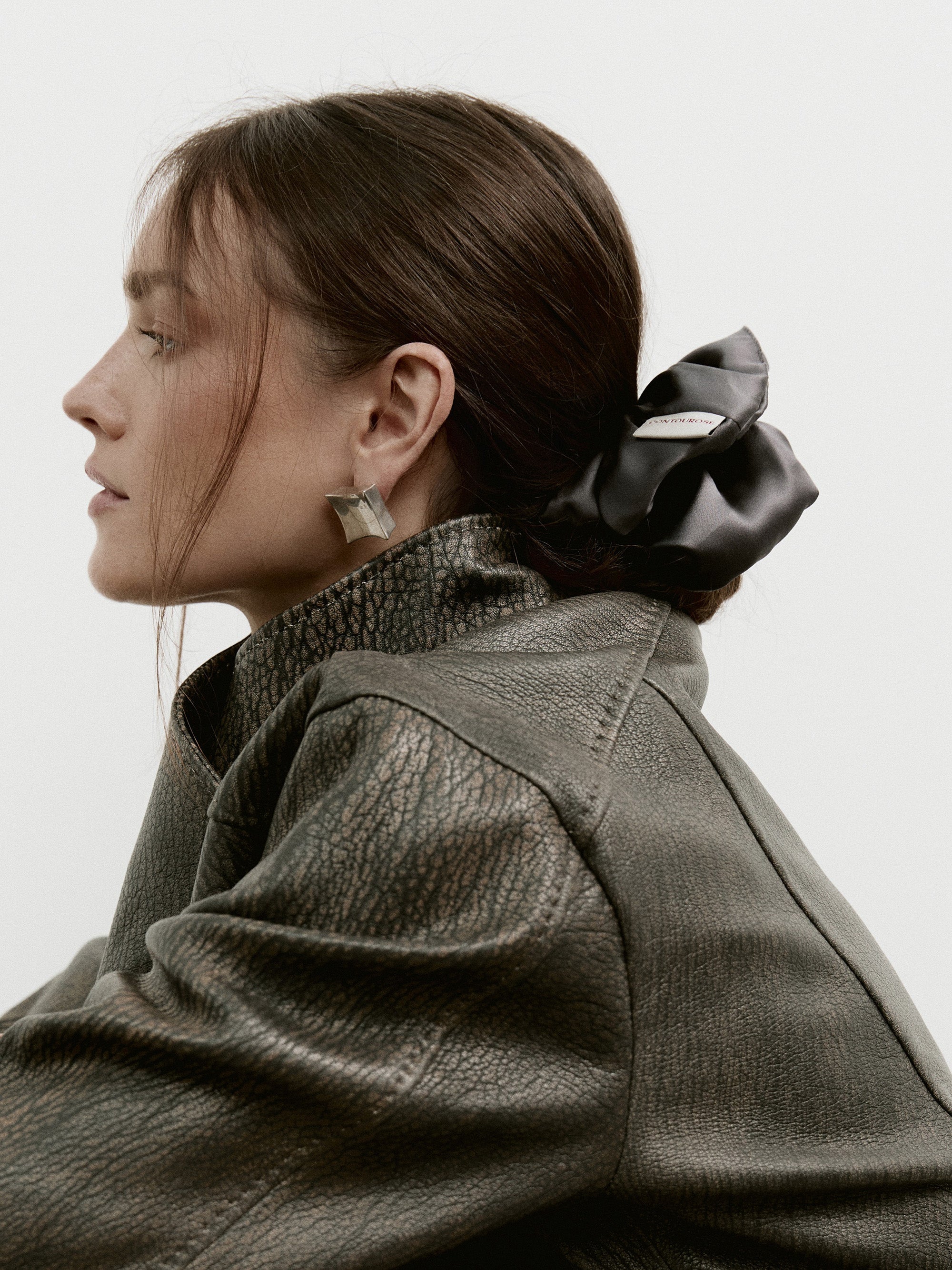 Oversized silk scrunchie in Dark Gray - on-model, profile - CONTOUROSE