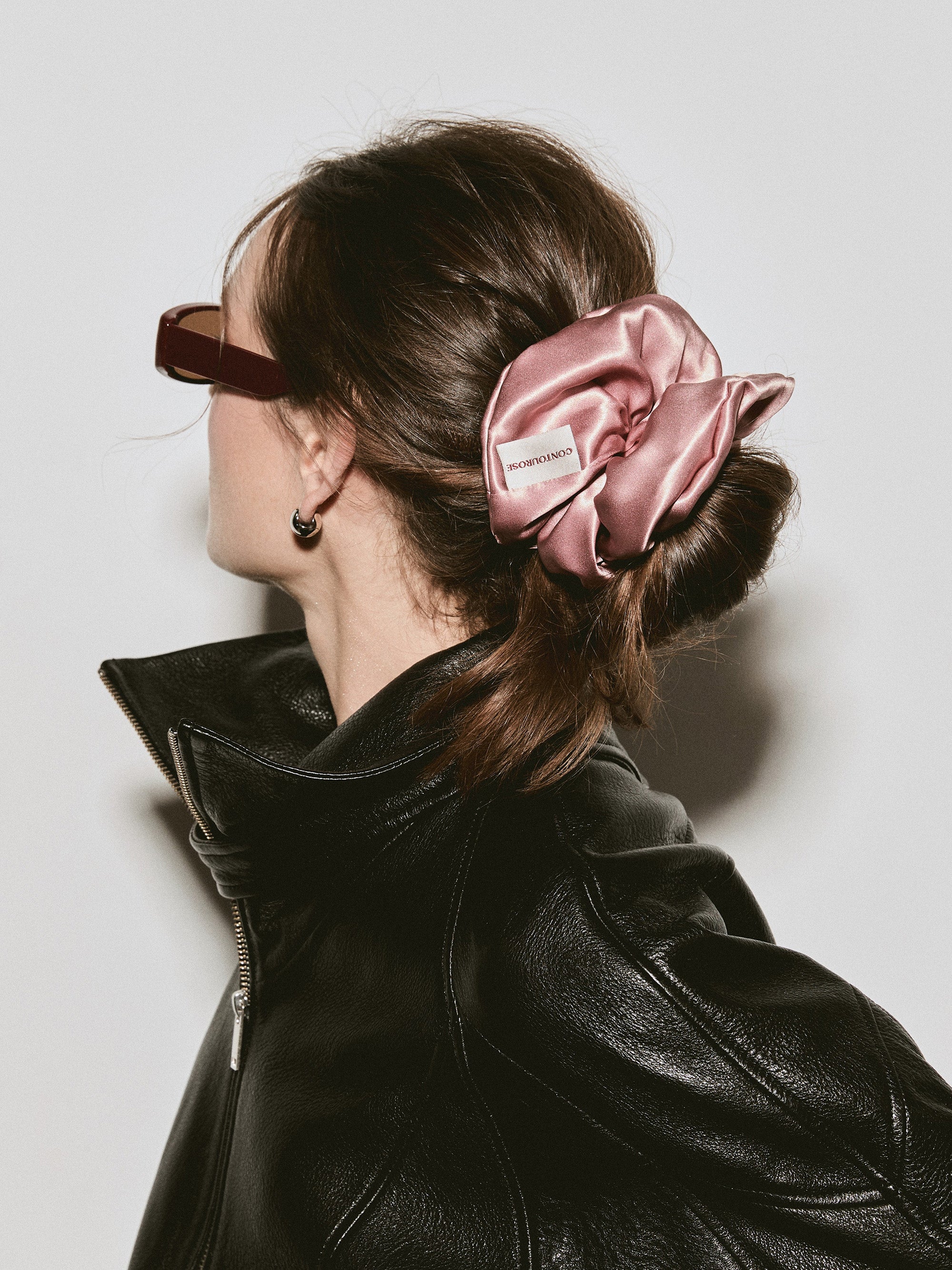 Oversized silk scrunchie in Dusty Pink - on-model, back view - CONTOUROSE