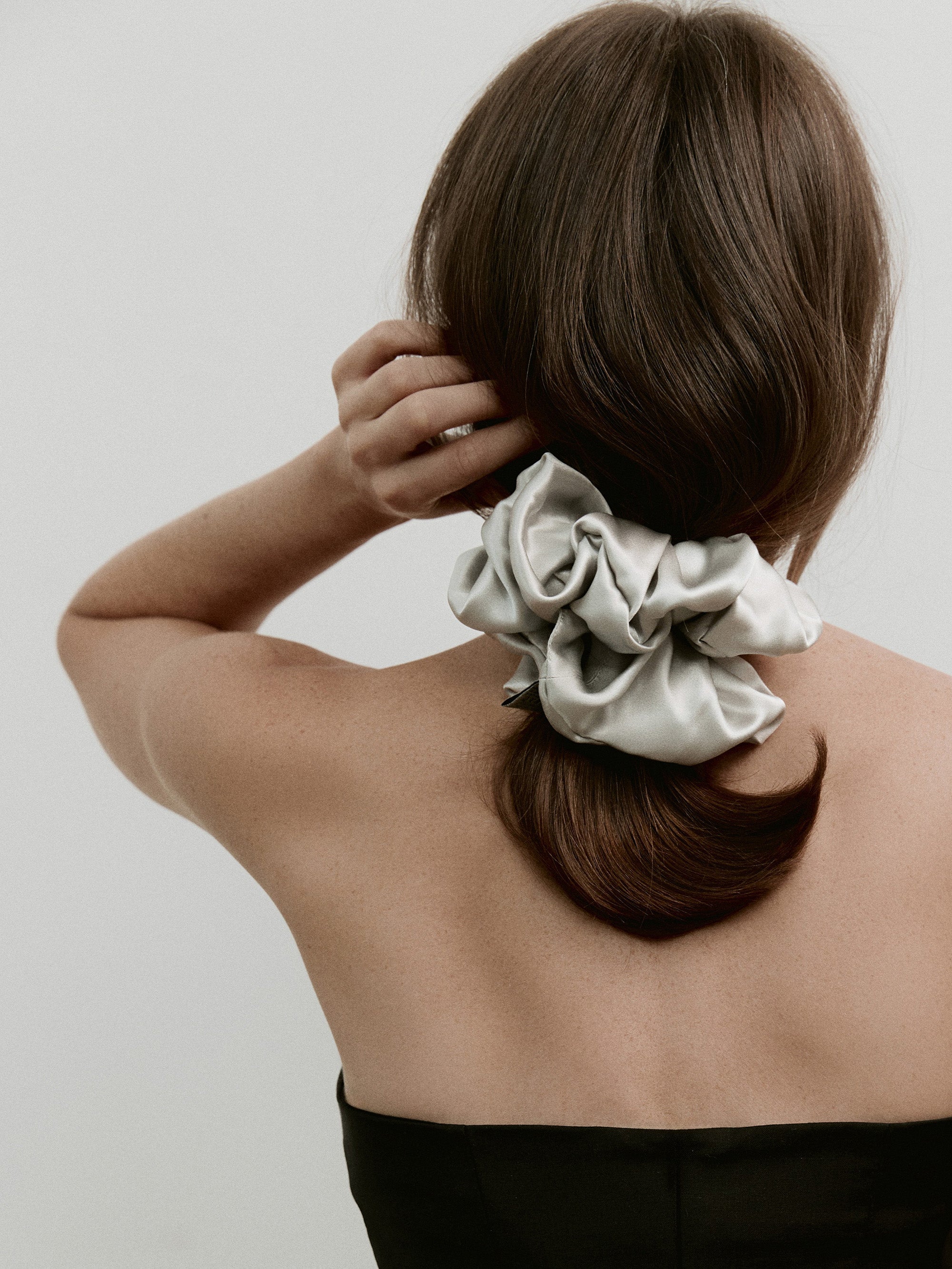 Oversized silk scrunchie in Silver Gray - on-model - CONTOUROSE