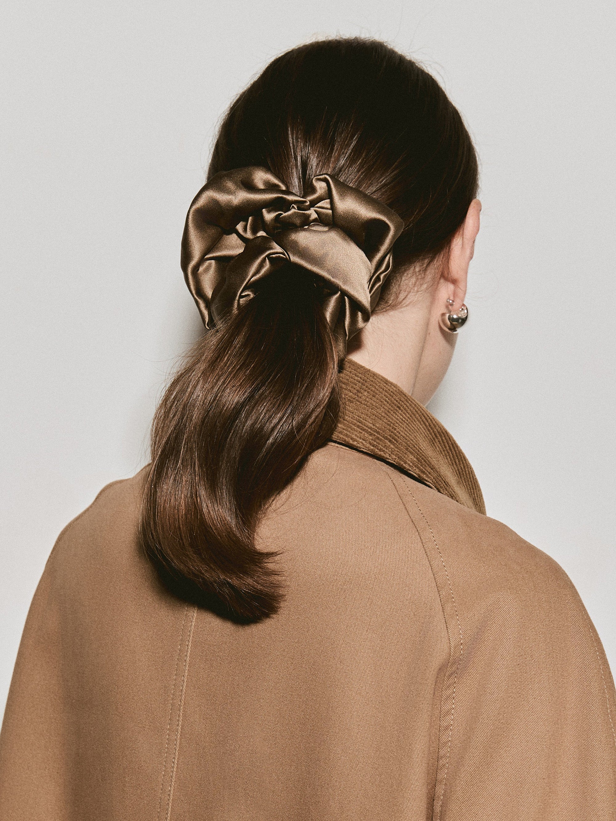 Oversized silk scrunchie in Taupe - on-model, back view, zoom in - CONTOUROSE