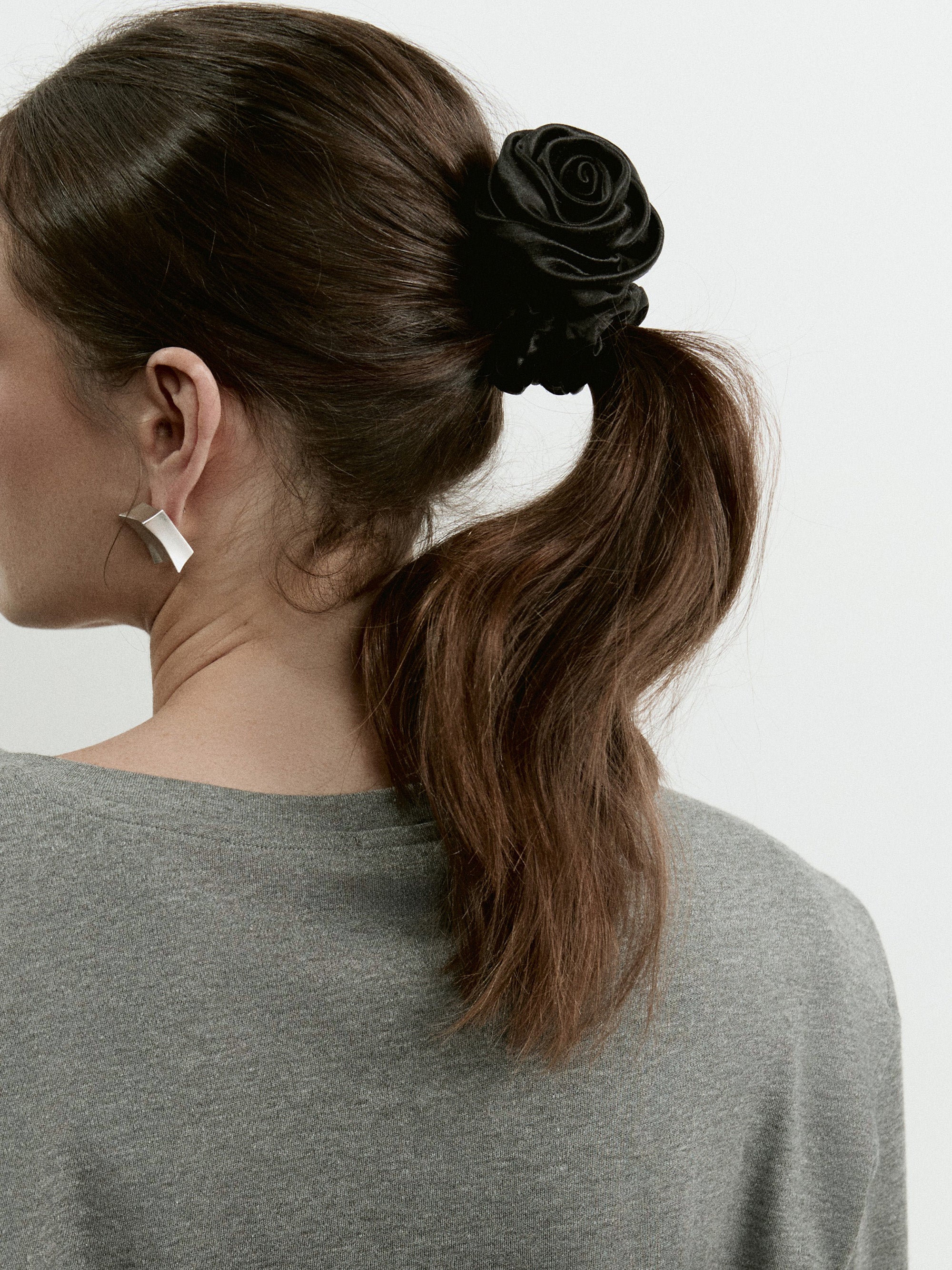 Rose scrunchie in Black - on-model, ponytail - CONTOUROSE