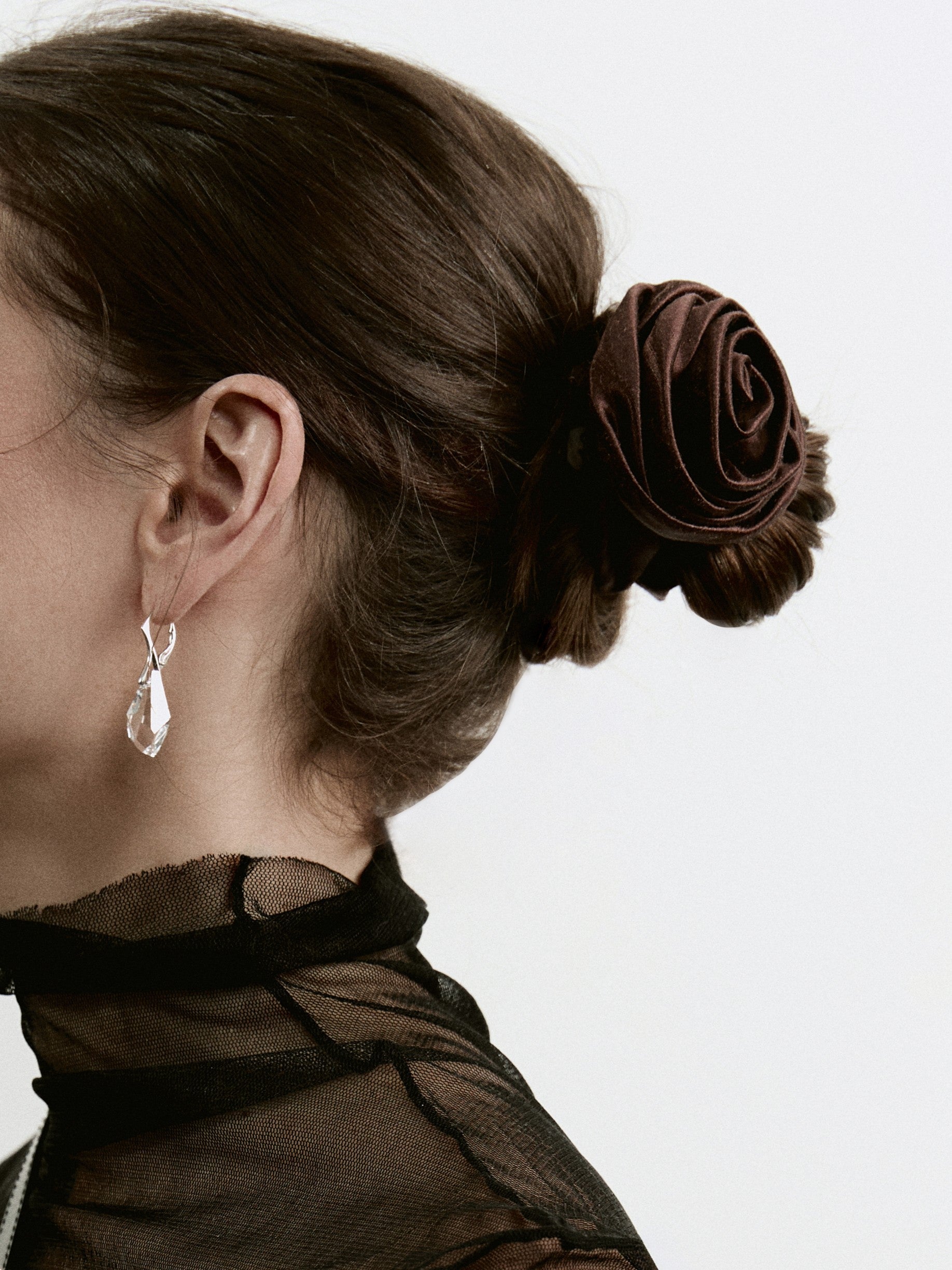 Rose scrunchie in Chocolate Brown - on-model, profile - CONTOUROSE