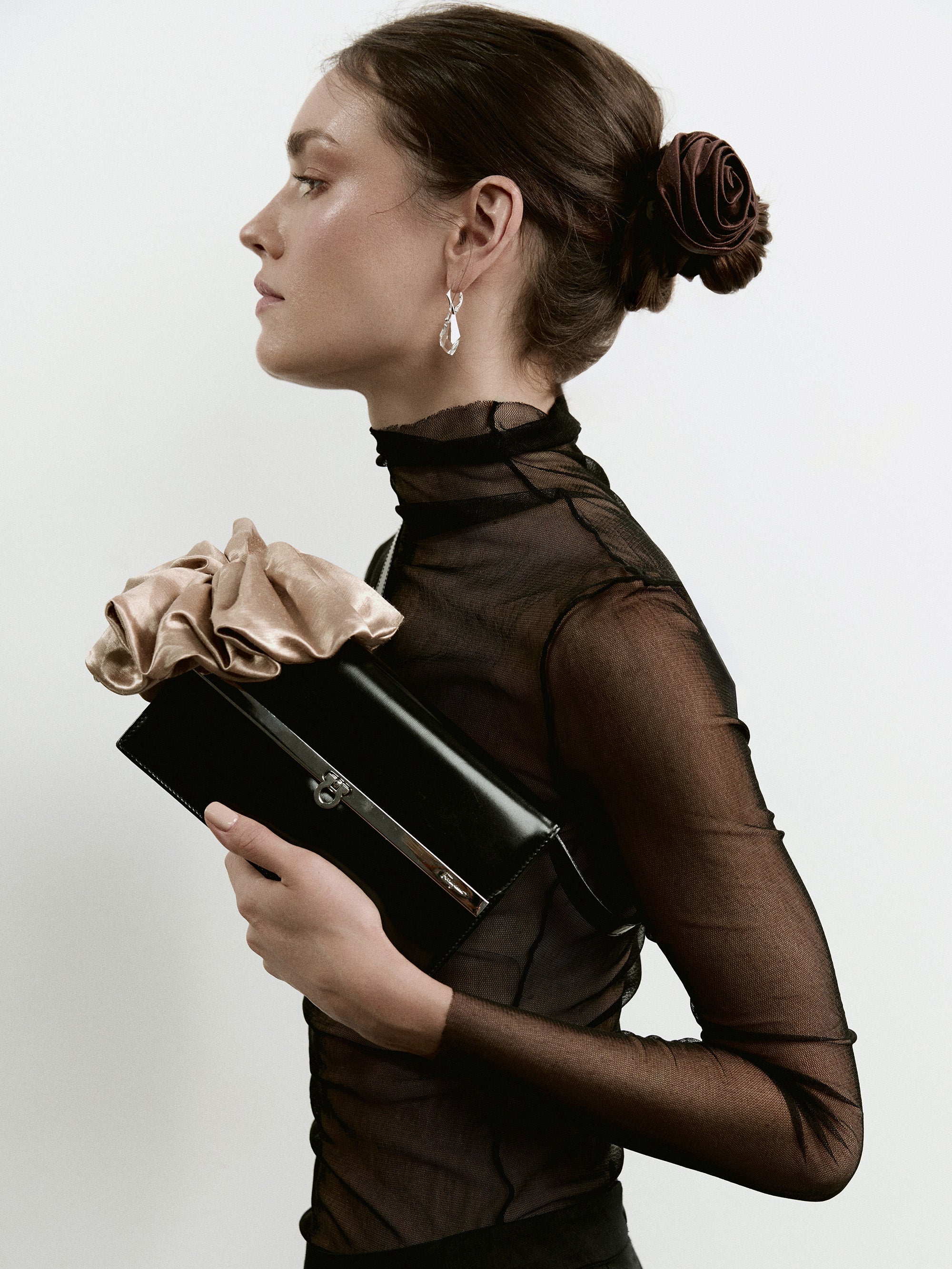 Rose scrunchie in Chocolate Brown - on-model - CONTOUROSE
