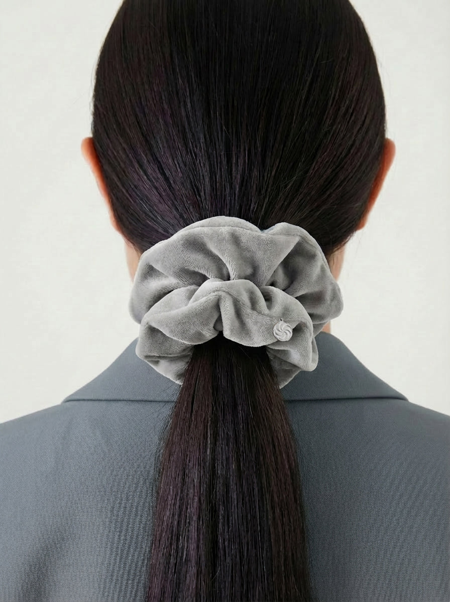 Velvet scrunchie in Gray - on-model, back view - CONTOUROSE