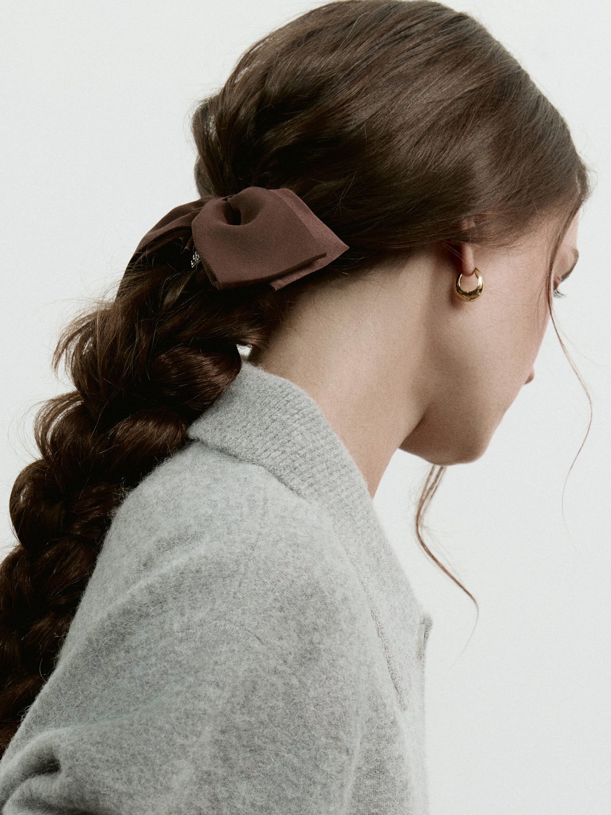 Hair bow scrunchie in Espresso Brown - on-model, zoom - CONTOUROSE