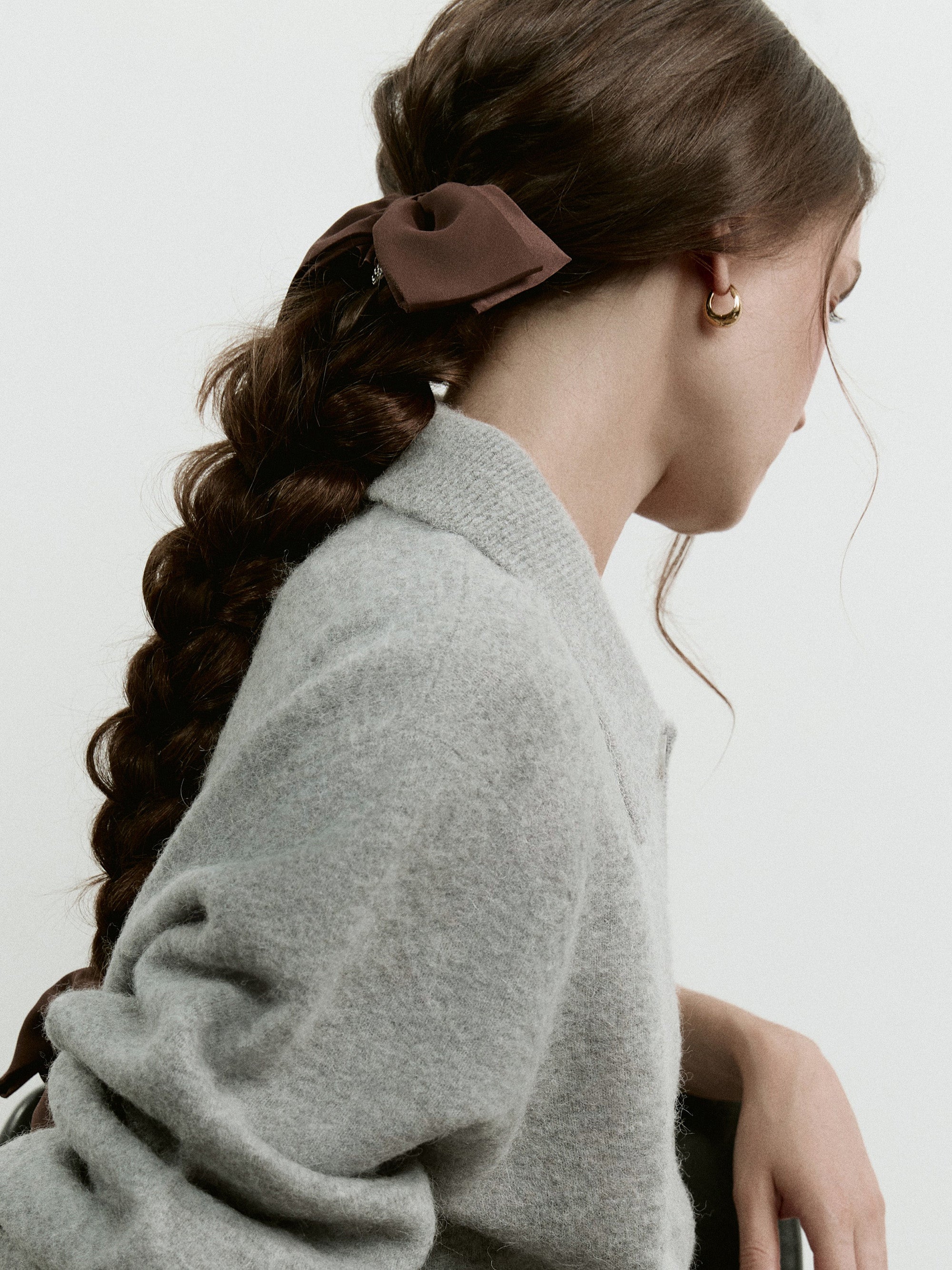 Hair bow scrunchie in Espresso Brown - on-model - CONTOUROSE