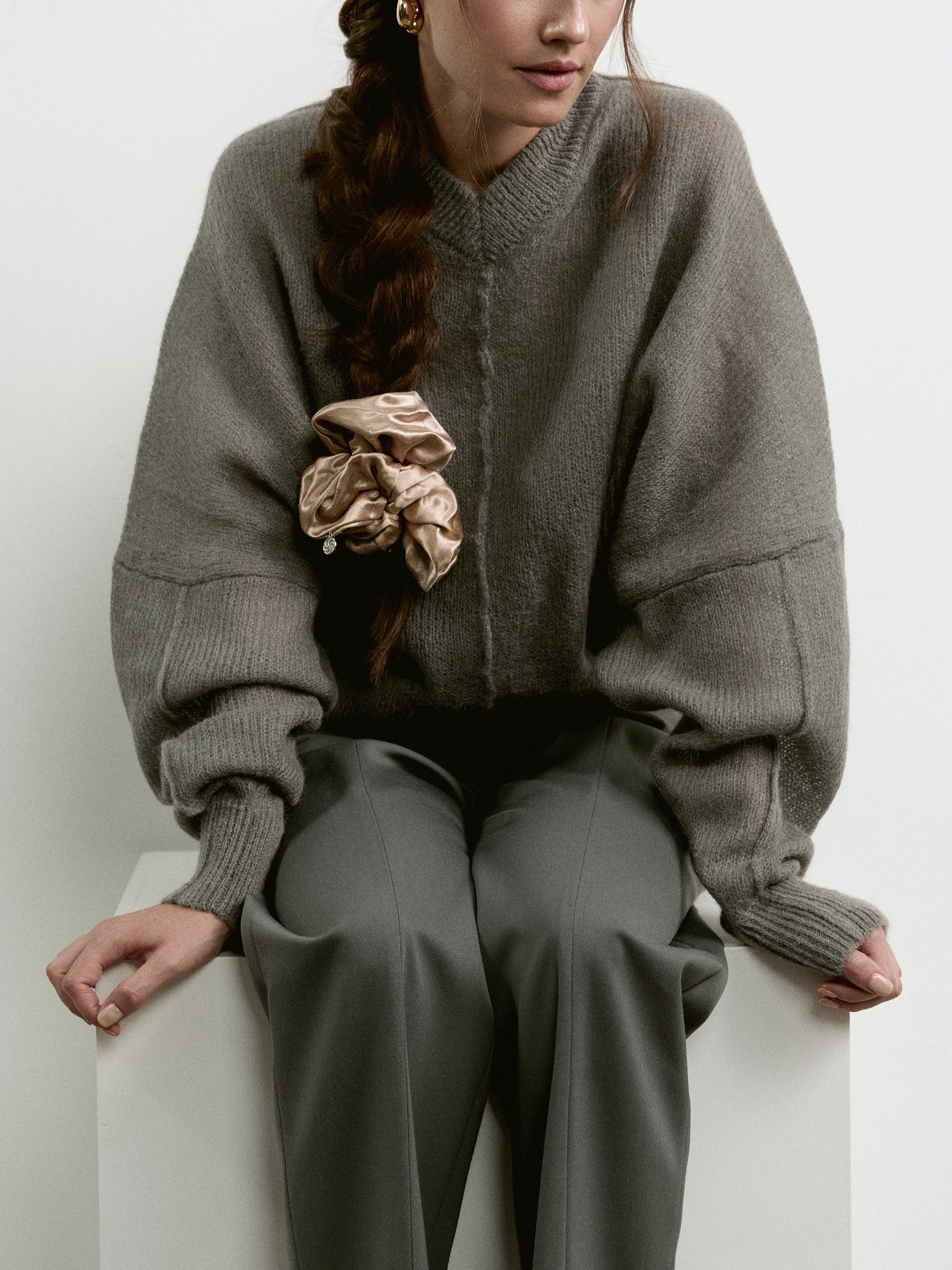 Oversized hemp scrunchie in Beige - on-model, front view - CONTOUROSE
