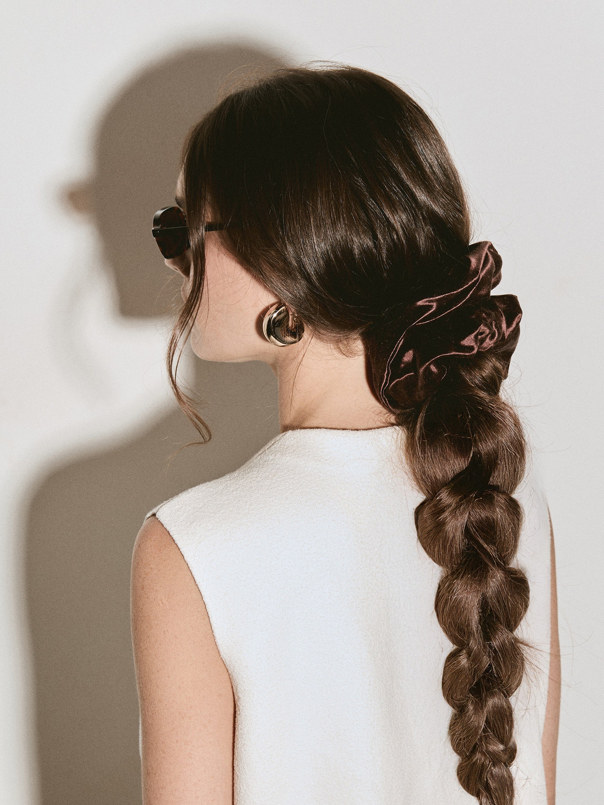 Oversized hemp scrunchie in Chocolate Brown - on-model, back view - CONTOUROSE