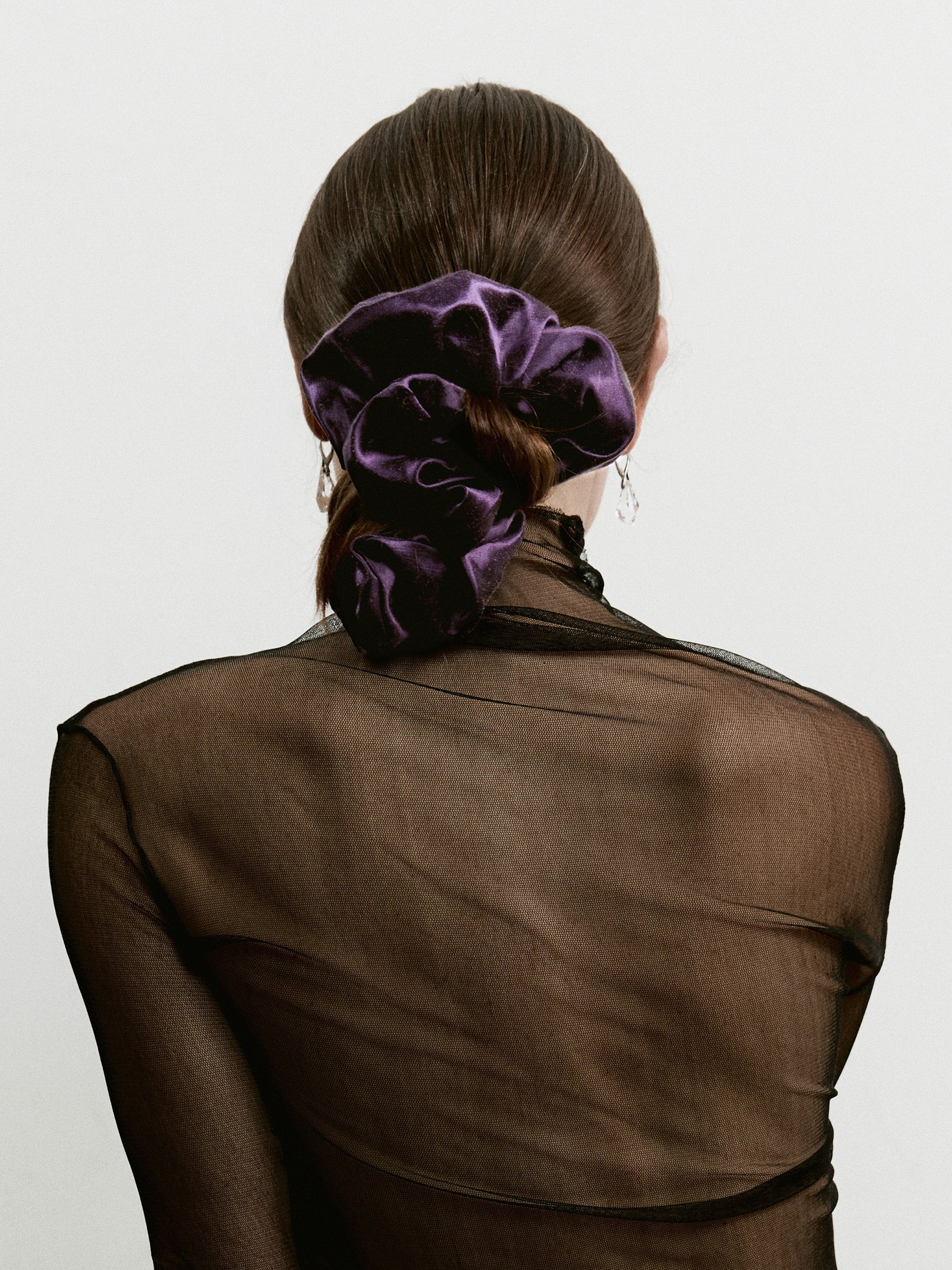 Oversized hemp scrunchie in Plum - on-model, back view - CONTOUROSE