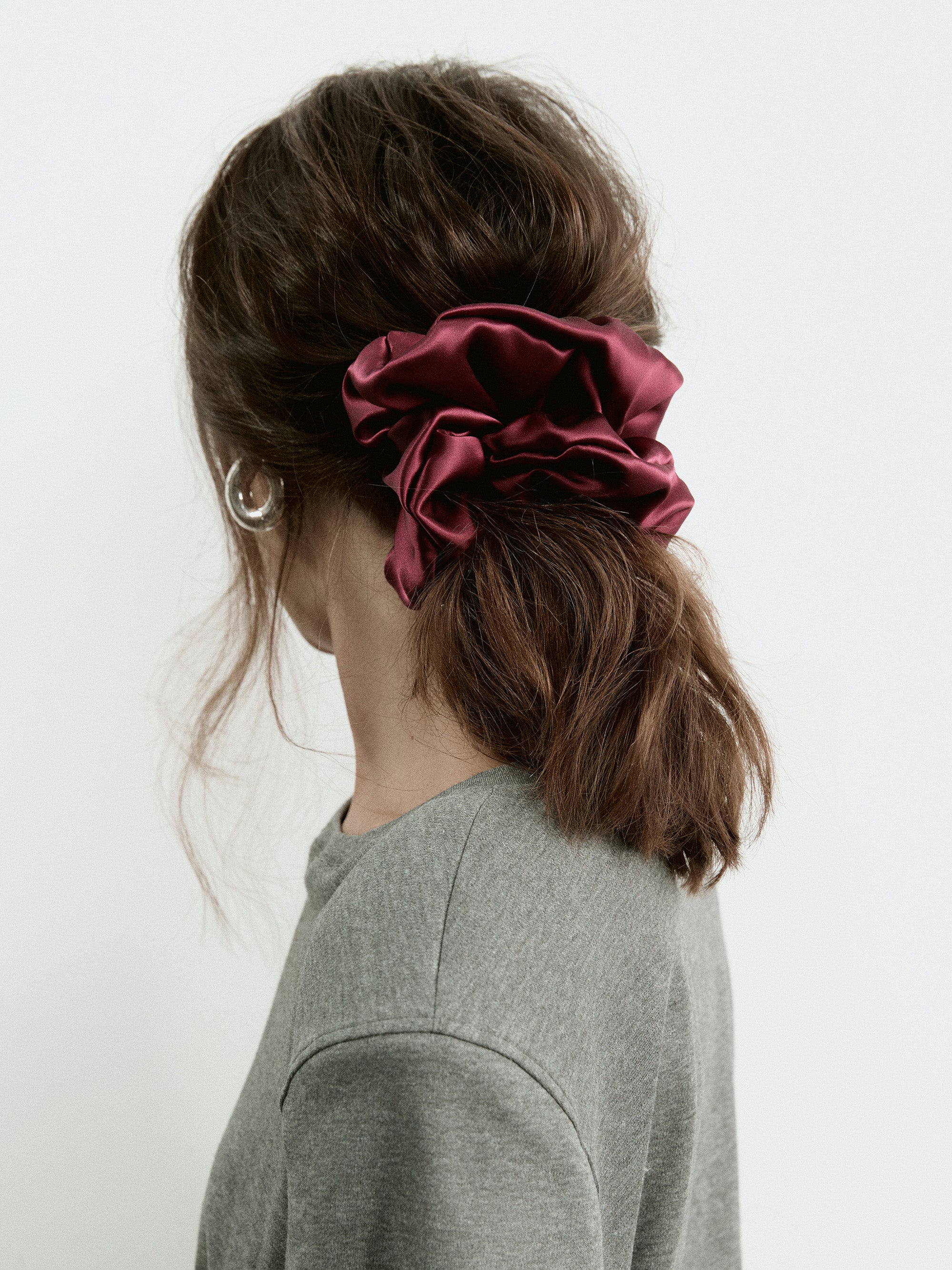 Oversized silk scrunchie in Bordeaux - on-model, back view, zoom - CONTOUROSE