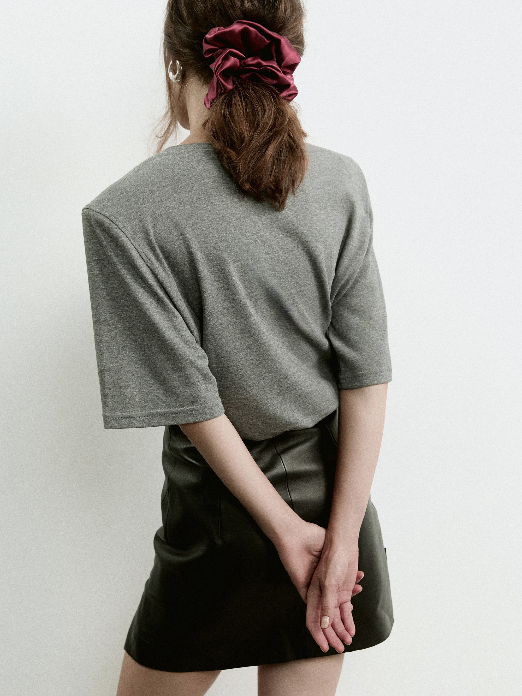 Oversized silk scrunchie in Bordeaux - on-model, back view - CONTOUROSE