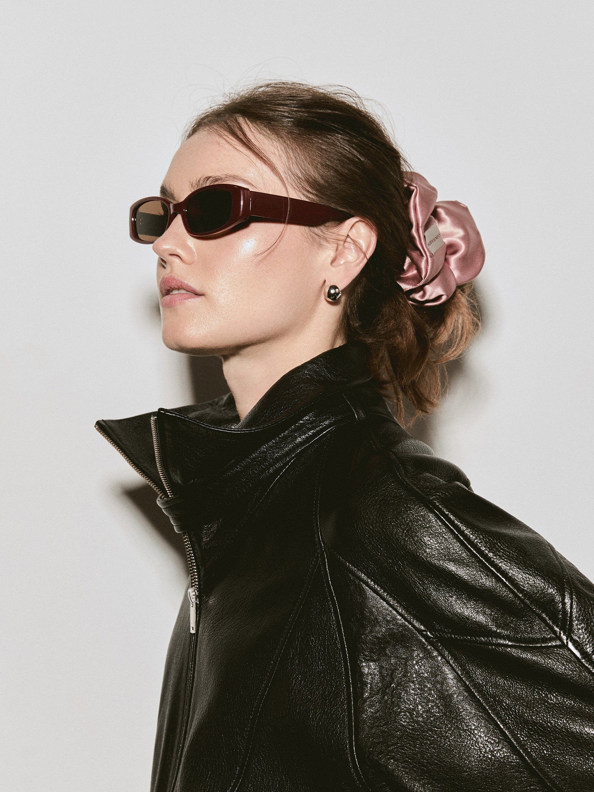 Oversized silk scrunchie in Dusty Pink - on-model, front view - CONTOUROSE