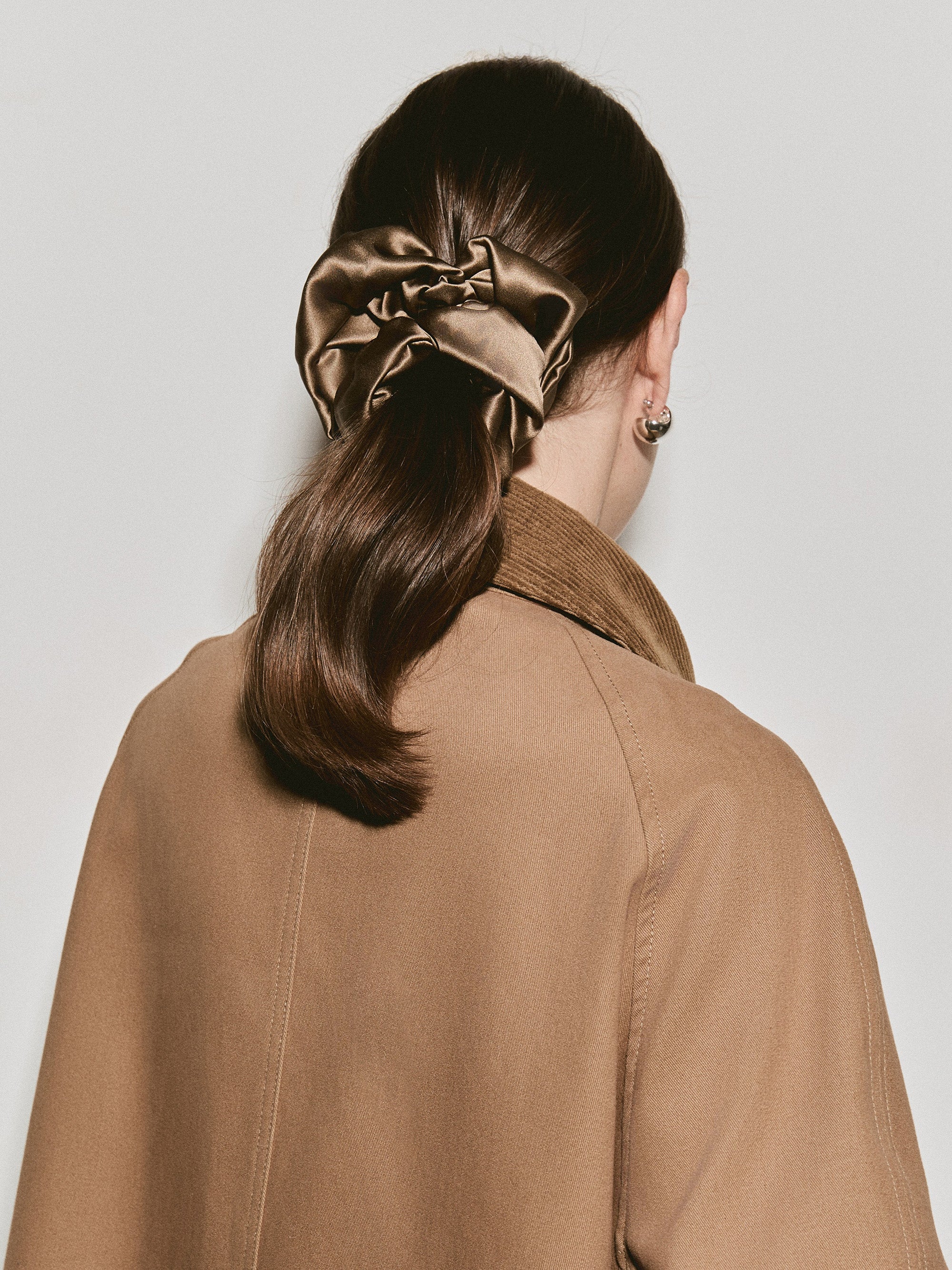 Oversized silk scrunchie in Taupe - on-model, back view - CONTOUROSE