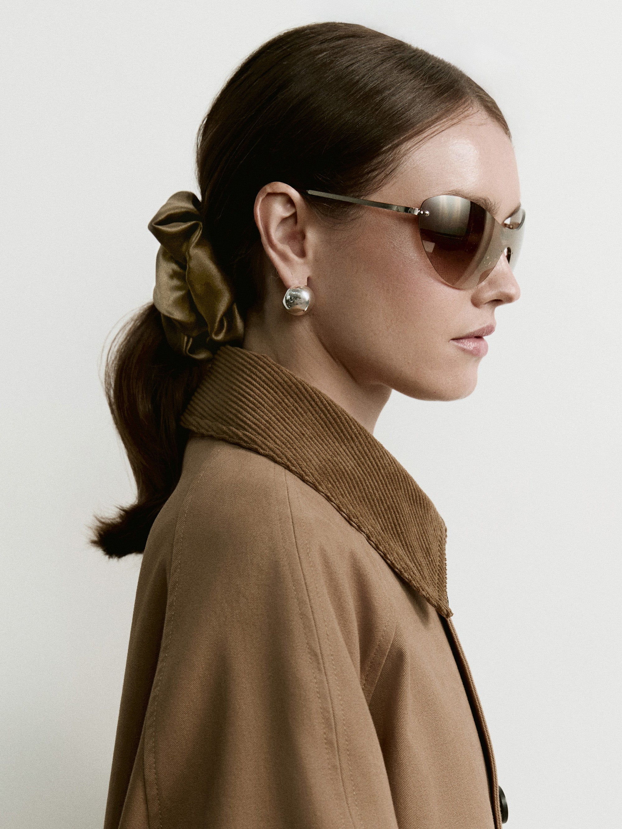 Oversized silk scrunchie in Taupe - on-model, front view - CONTOUROSE