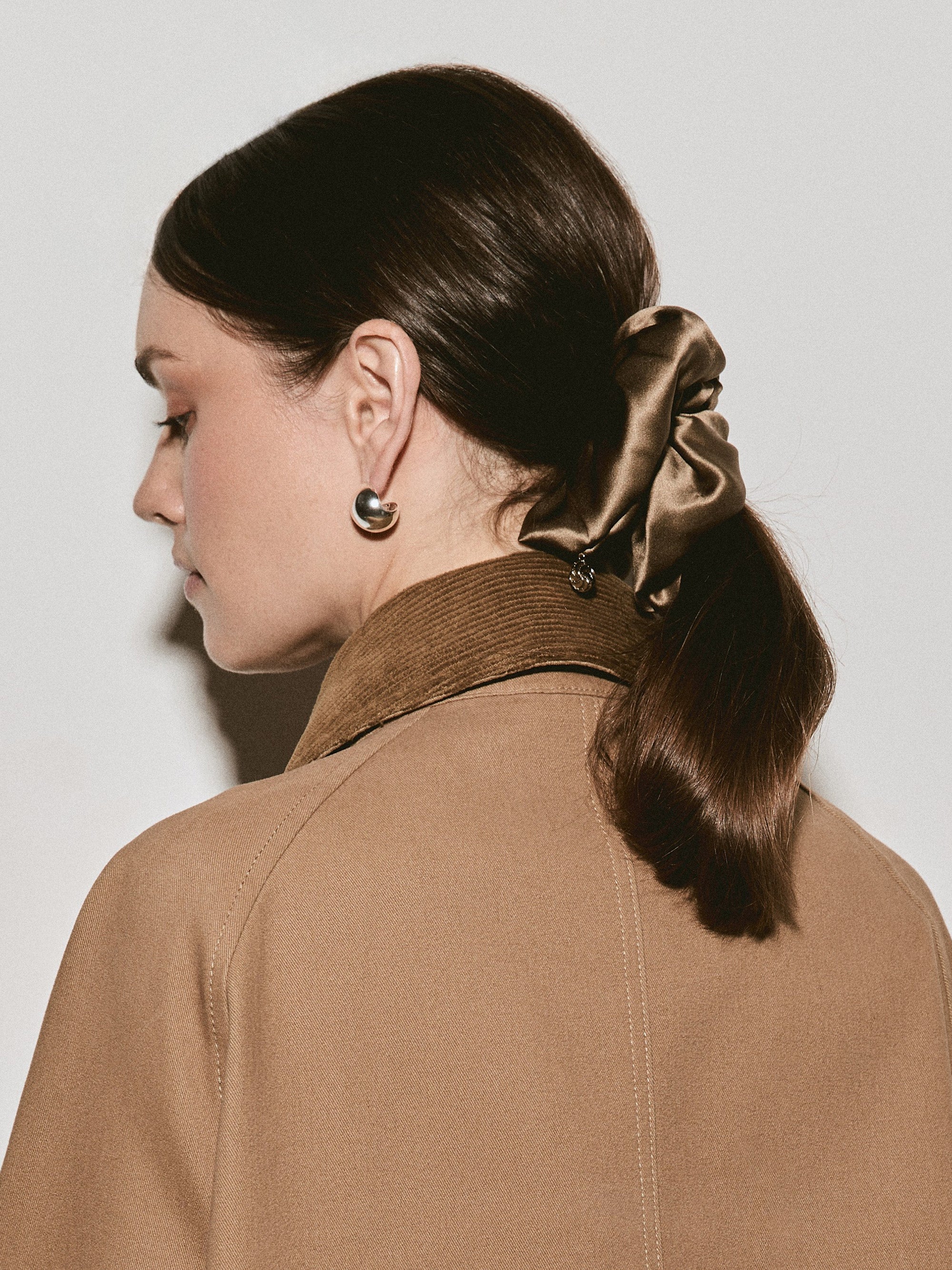 Oversized silk scrunchie in Taupe - on-model, profile - CONTOUROSE