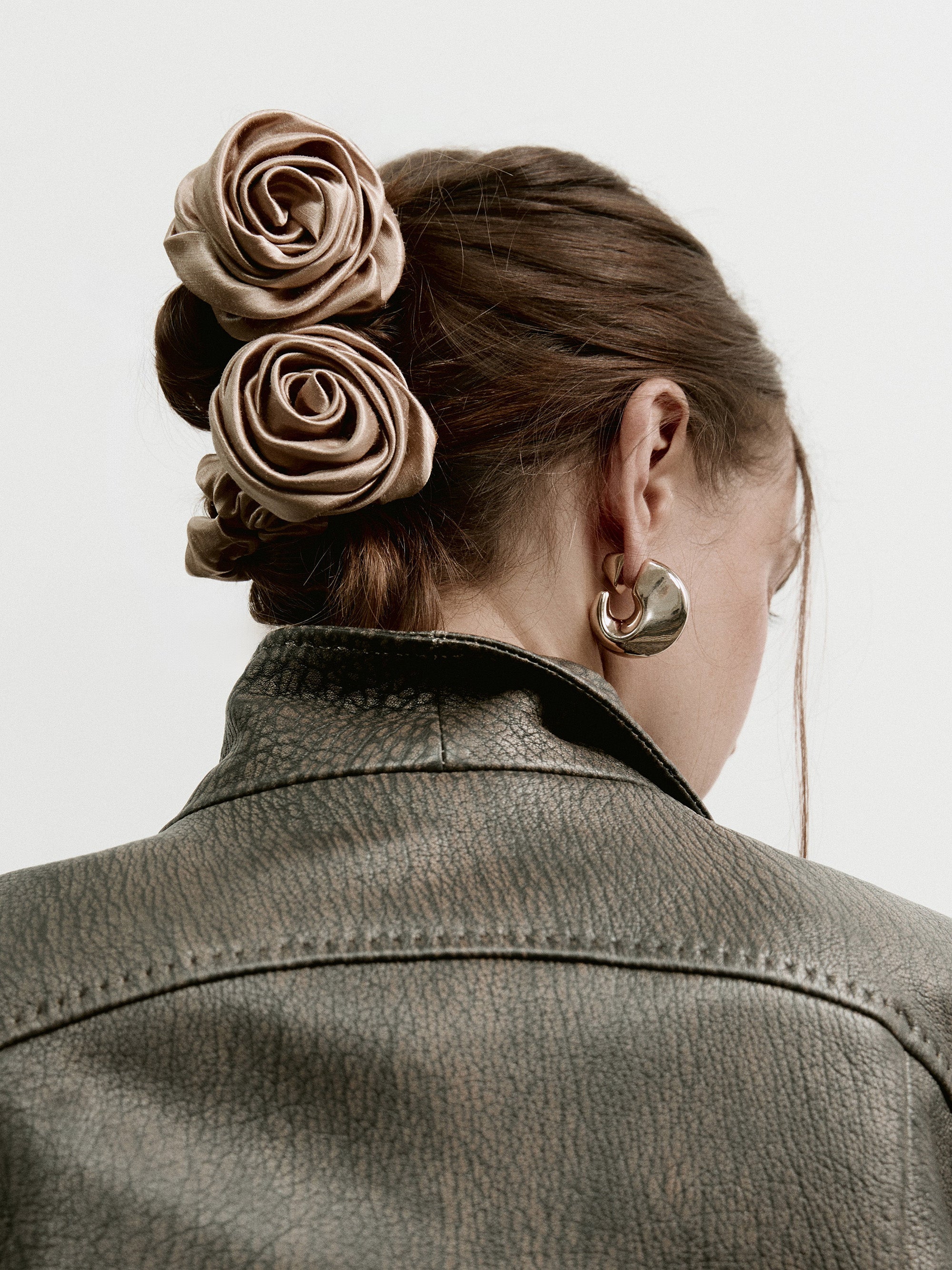 Rose scrunchie in Beige - on-model, back view - CONTOUROSE