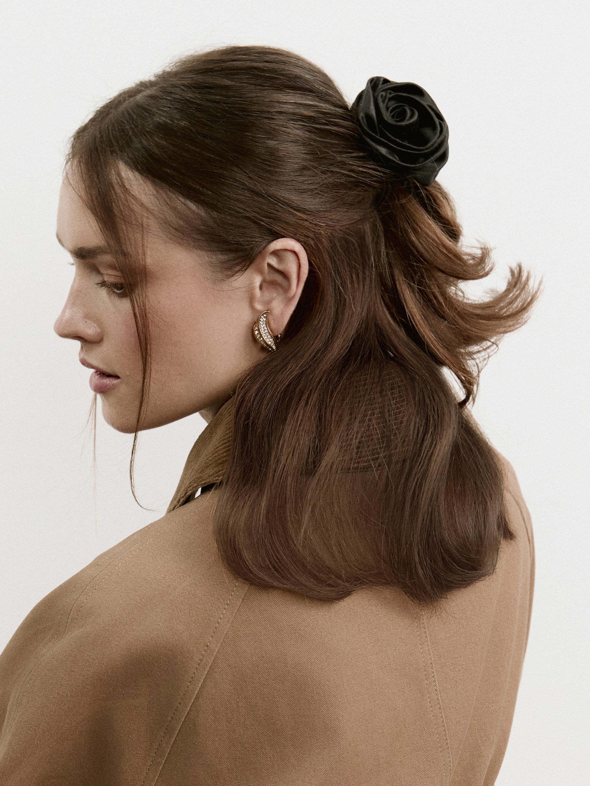 Rose scrunchie in Black - on-model, profile - CONTOUROSE