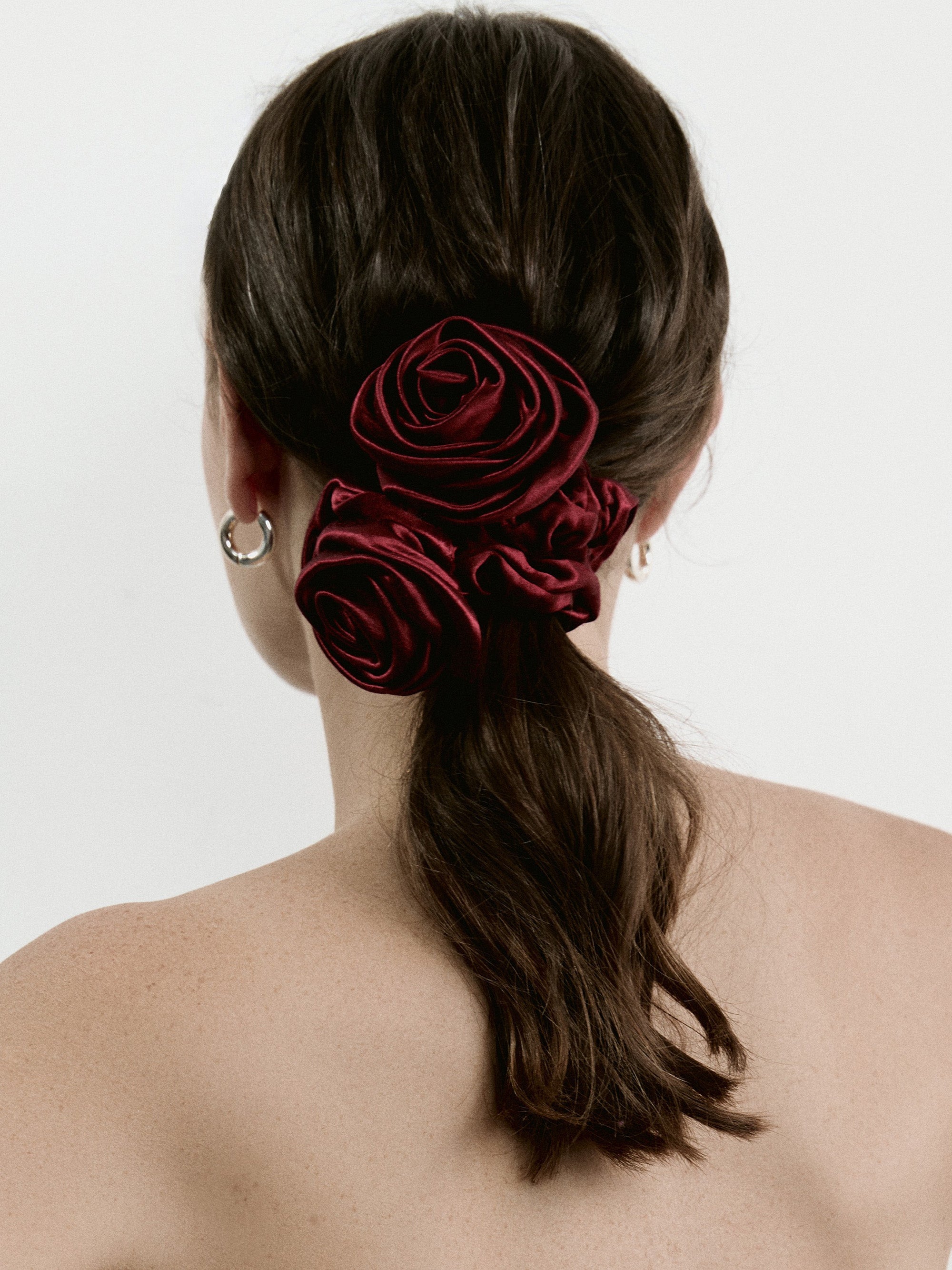 Rose scrunchie in Cherry Red - on-model, back view - CONTOUROSE