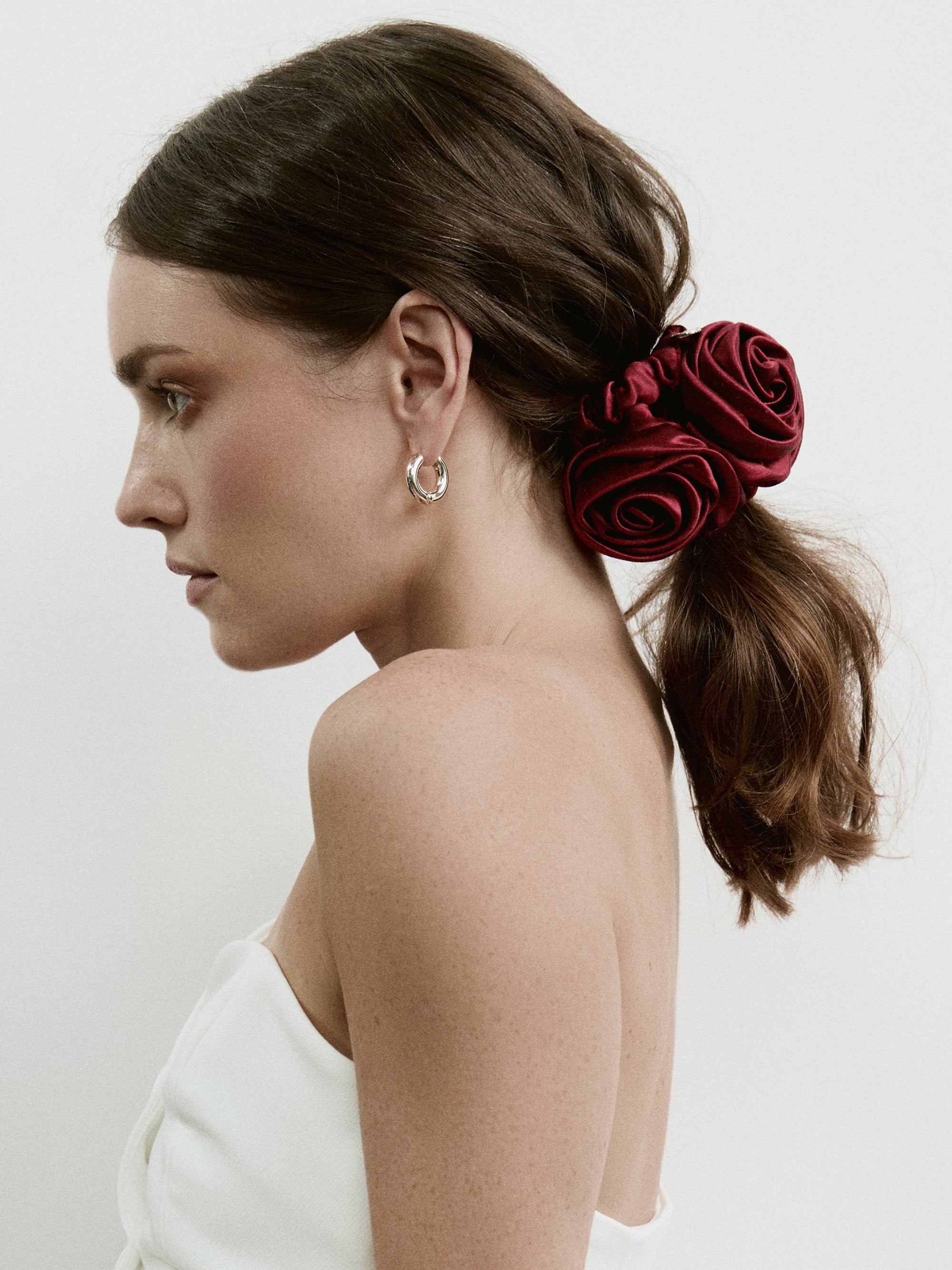 Rose scrunchie in Cherry Red - on-model, profile - CONTOUROSE