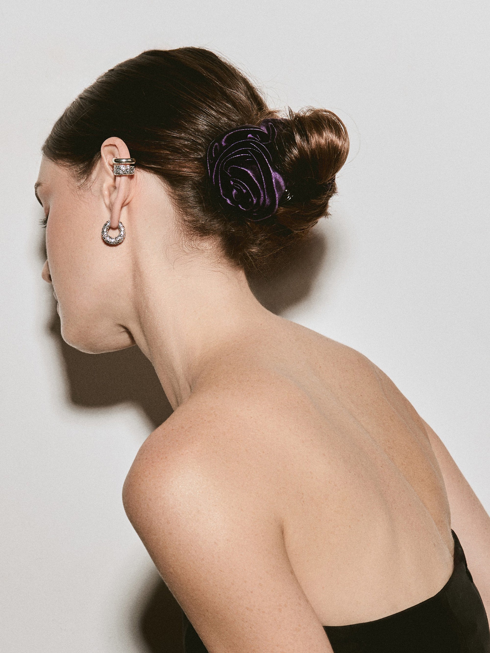 Rose scrunchie in Plum - on-model - CONTOUROSE