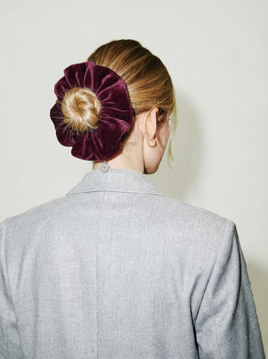 Velvet scrunchie in Burgundy - on-model, back view - CONTOUROSE