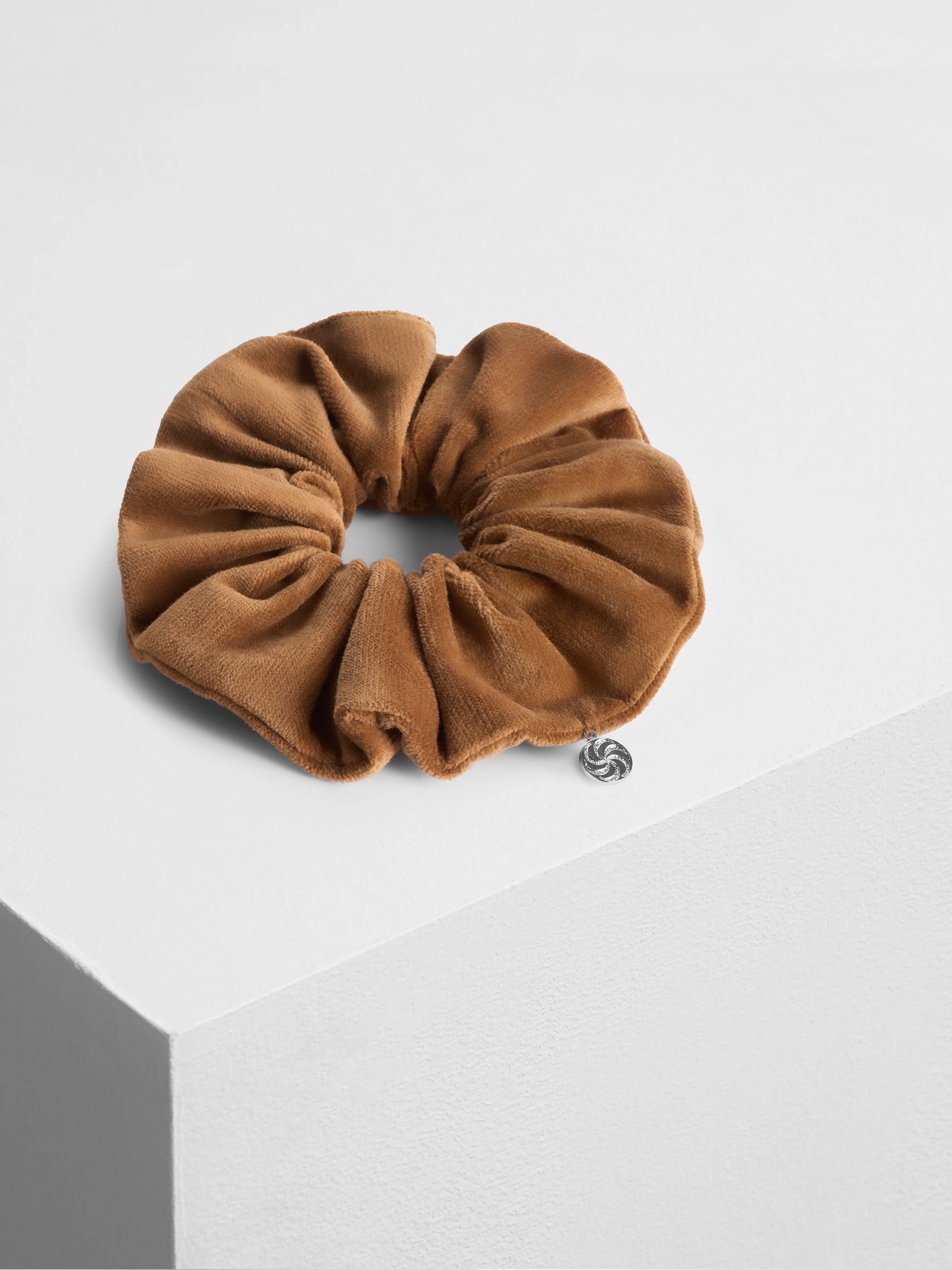 Velvet scrunchie in Caramel Brown- on pedestal - CONTOUROSE