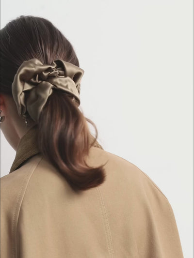 Oversized silk scrunchie in Taupe - product video - CONTOUROSE